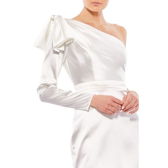 NWT IEENA MACDUGGAL Womens White One Long Zip Sleeve With Bow Mini Dress 6 - Picture 3 of 4